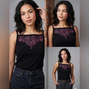 A. Byer Black Square Neck Tank with Pink Embroidered Detail